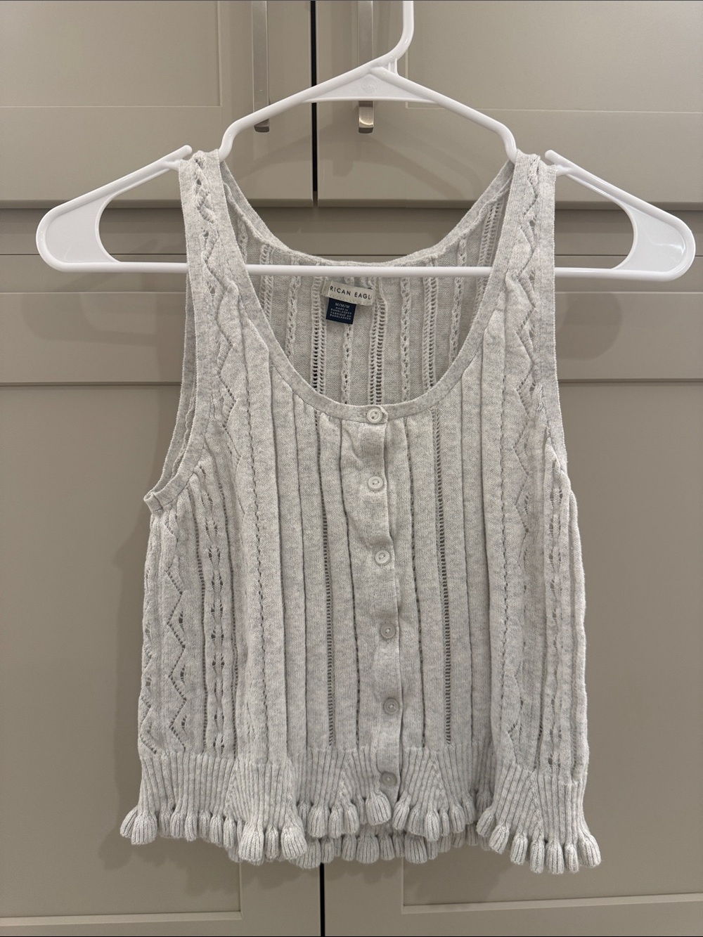 American Eagle Outfitters Light Gray Knit Button-Front Tank with Fringe